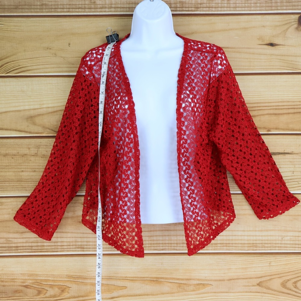 Onyx Apparel Cardigan Sweater Womens Size L Red Geometric 3/4 Sleeves Open Front - Picture 3 of 7